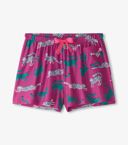 Pink pajama shorts with cheetah print, elastic waistband, and front tie bow
