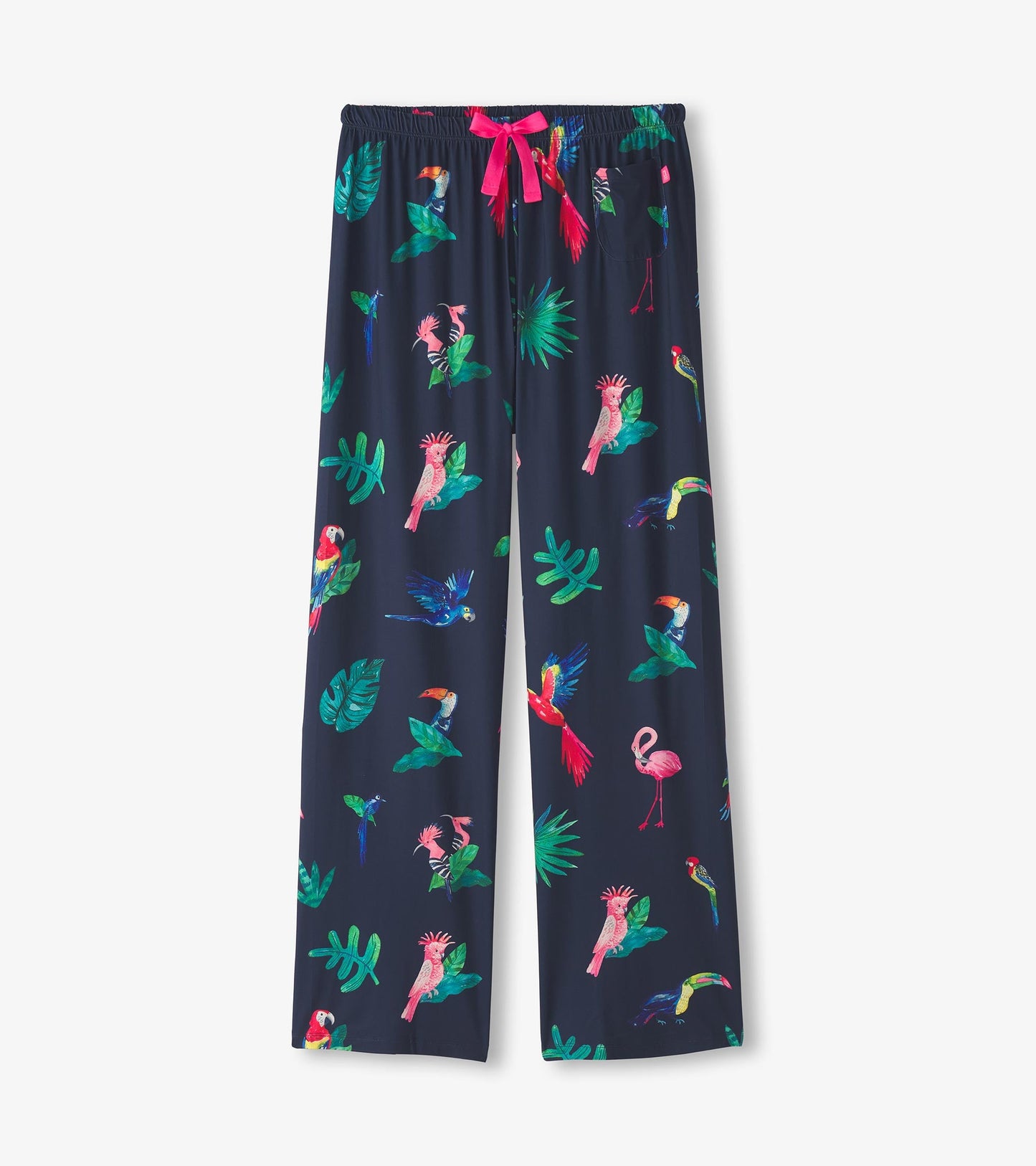 Navy polyknit pajama pants featuring a colorful tropical bird and leaf pattern, with an elastic waistband and pink drawstrin…