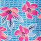 View Women's Bold Blossoms Bateau Dress - Blue tropical pattern with pink flowers and white leaf outlines, with the words “BLOOM TROPICS” in white