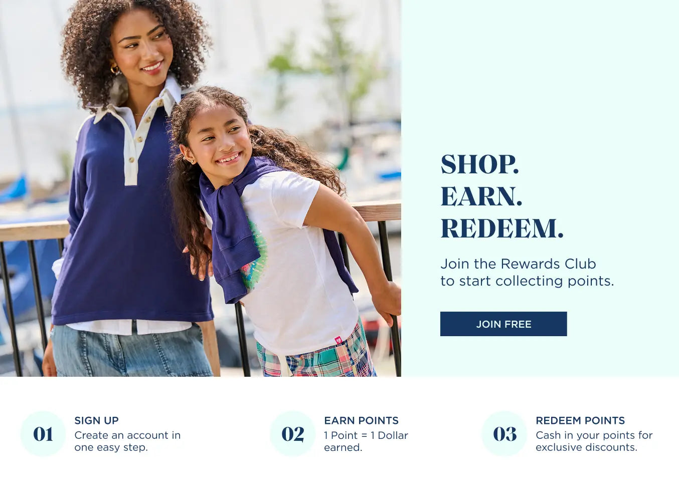 Promotes joining the Rewards Club to earn and redeem points. With "Shop." text.
