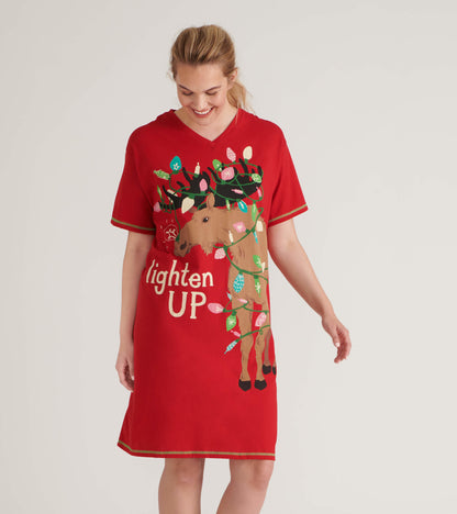 Red sleepshirt featuring a moose design with Christmas lights, short sleeves, and a V-neckline. One size fits all.