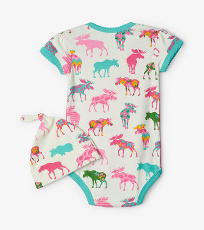 Patterned Moose Baby Bodysuit with Hat