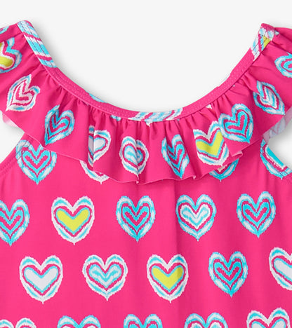 Girls Pink Shibori Hearts Ruffle Sleeve Swimsuit