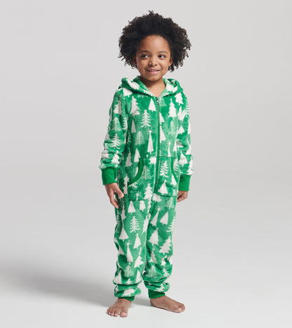 Kids Christmas Trees Hooded Fleece Jumpsuit