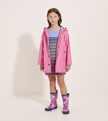 Girls Glitter Hearts Button-Up Rain Jacket