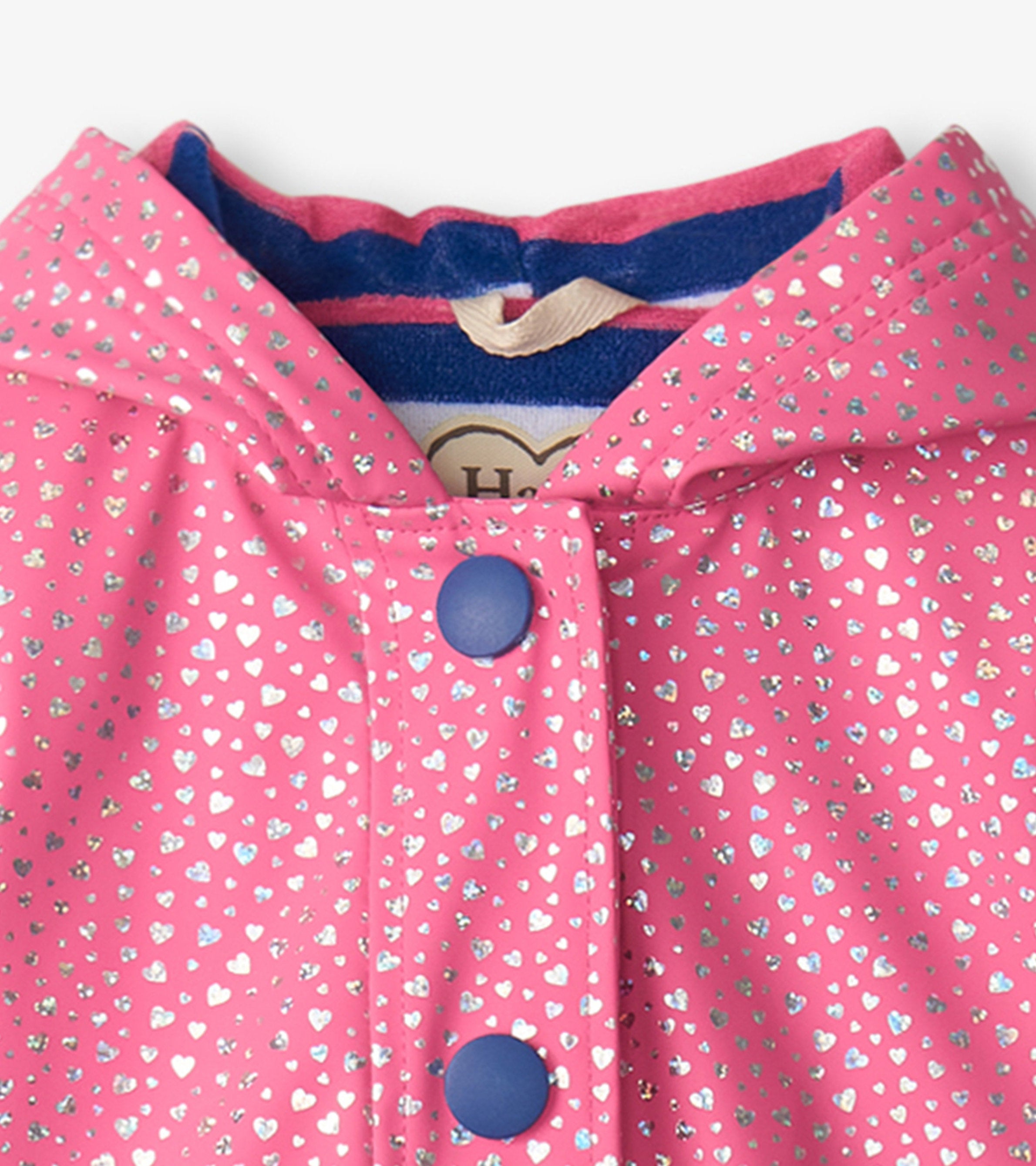 Girls Glitter Hearts Button-Up Rain Jacket