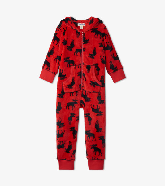 Kids Moose on Red Hooded Fleece Jumpsuit