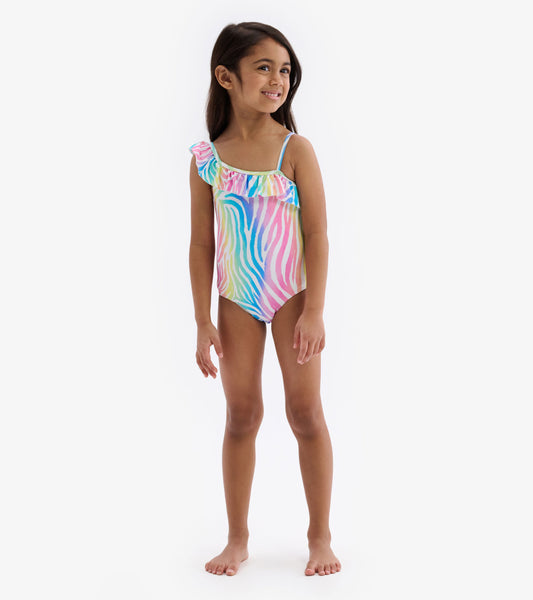 Rainbow Zebra One Shoulder Ruffle Swimsuit