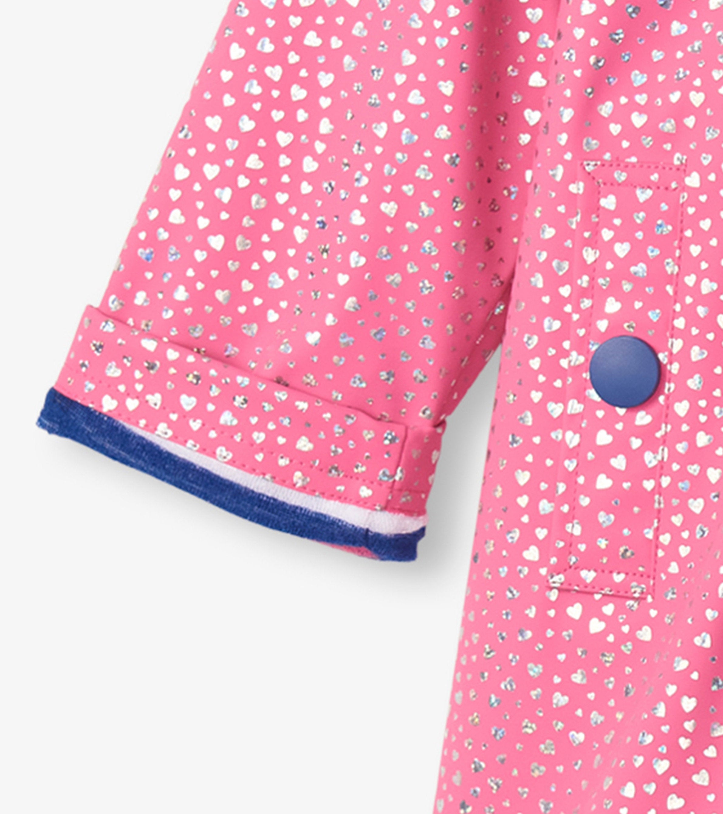 Girls Glitter Hearts Button-Up Rain Jacket