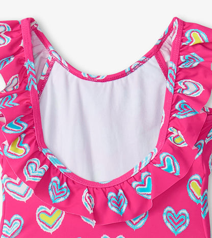 Girls Pink Shibori Hearts Ruffle Sleeve Swimsuit