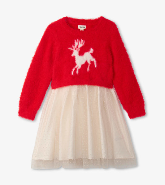 Girls Holiday Deer Mix Media Dress