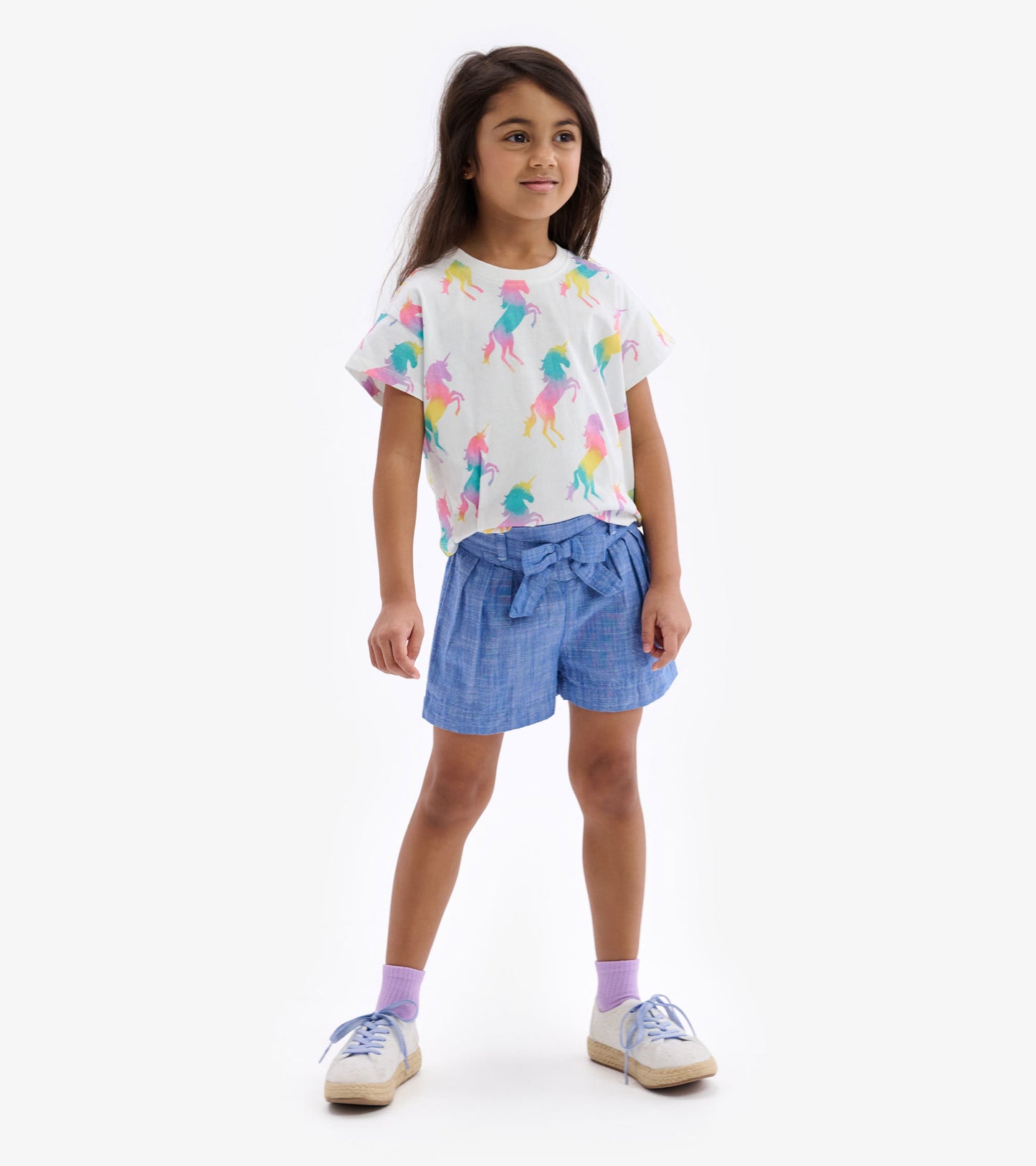 Girls Belted Chambray Paper Bag Shorts