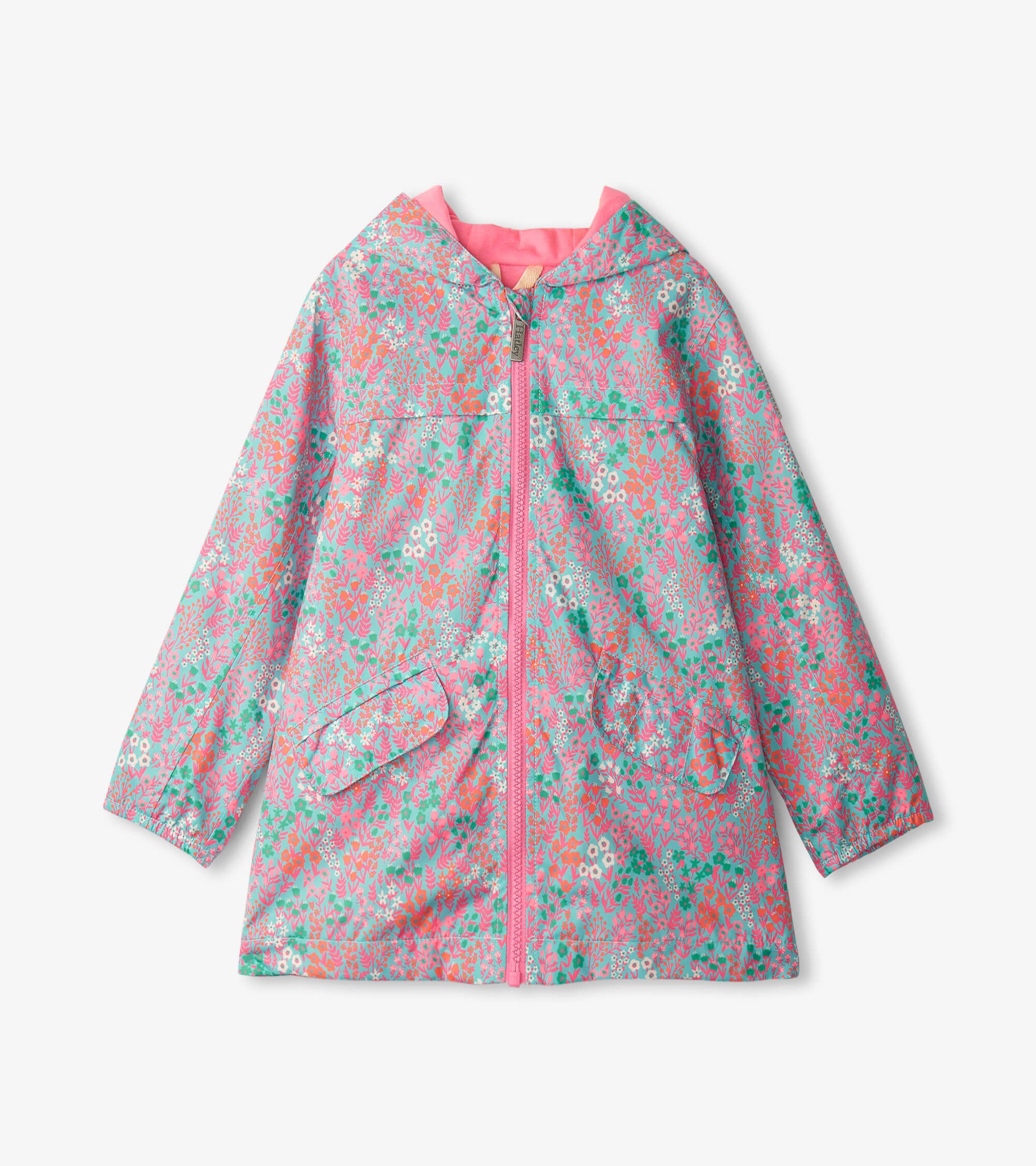 Girls Ditsy Floral Zip Up Lightweight Rain Jacket