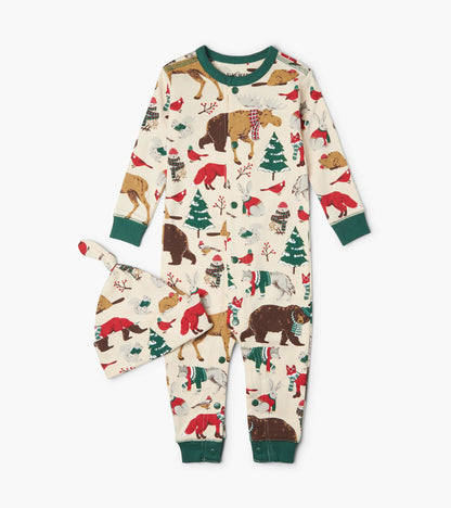 Woodland Winter Baby Coverall with Hat