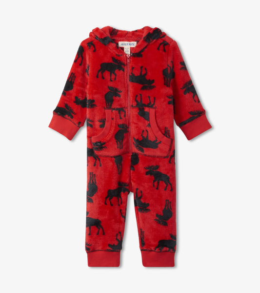 Baby Moose on Red Hooded Fleece Jumpsuit