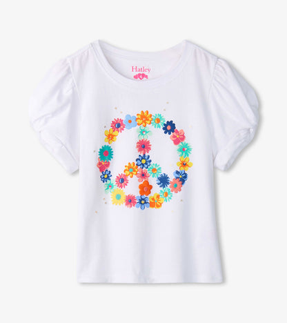 Girls Peace Flower Twisted Sleeve Tee