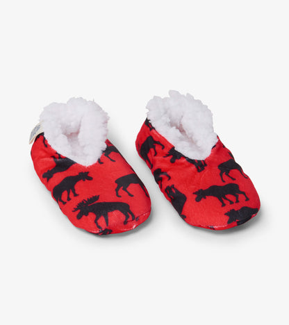 Moose On Red Kids Warm and Cozy Slippers