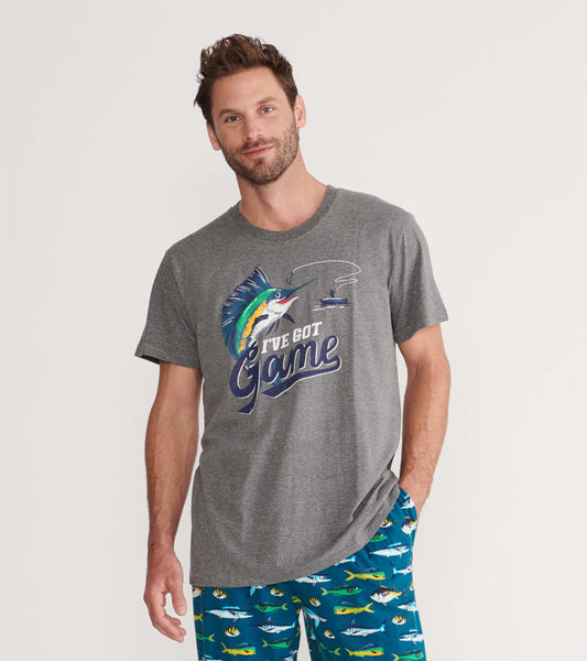 Gray short-sleeve tee featuring a colorful fish graphic and text, perfect for casual wear or fishing enthusiasts.