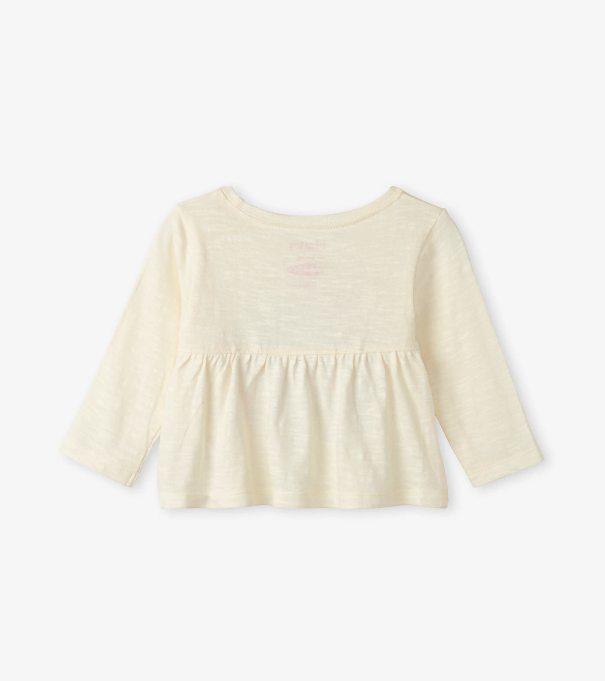 Cream long sleeve baby tee with a gathered waist and soft, lightweight fabric. Back view shows a simple design.