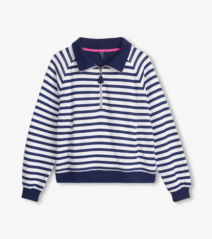 Mock neck pullover featuring navy and white maritime stripes, with a zip front and ribbed cuffs.