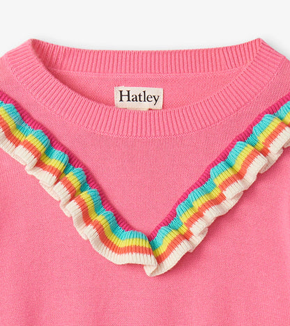 Girls Pink Rainbow Ruffle Sweater