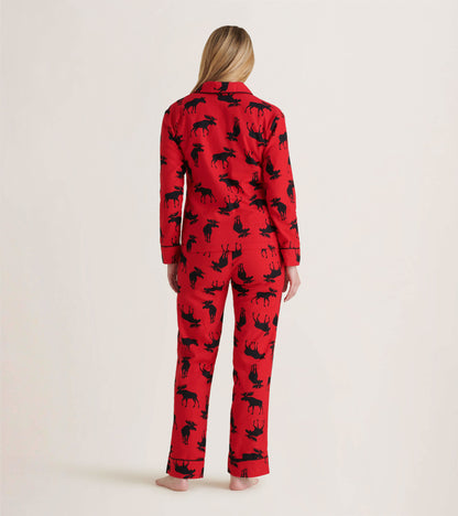 Women's Moose On Red Flannel Pajama Set