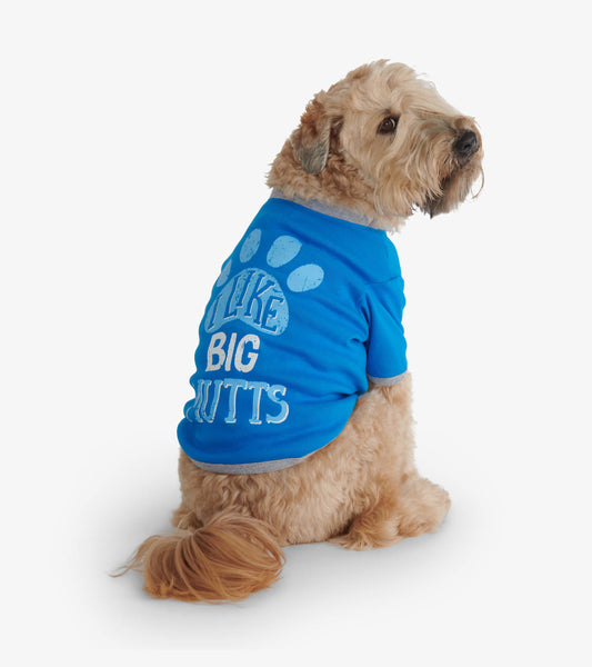 Blue dog tee with gray trim featuring the text "I LIKE BIG MUTTS" and paw print design, shown on a seated dog.
