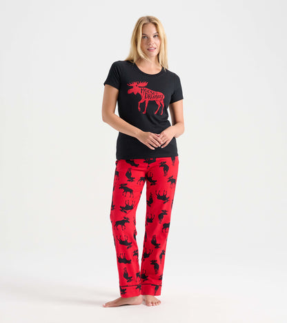 Women's Moose On Red Pajama T-Shirt