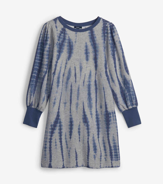 Gray sweatshirt dress featuring a stormy tie-dye pattern in blue, with long sleeves and a relaxed fit.