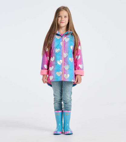 Girls Fun Hearts Zip-Up Lightweight Rain Jacket