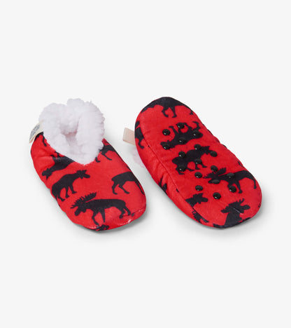 Moose On Red Kids Warm and Cozy Slippers