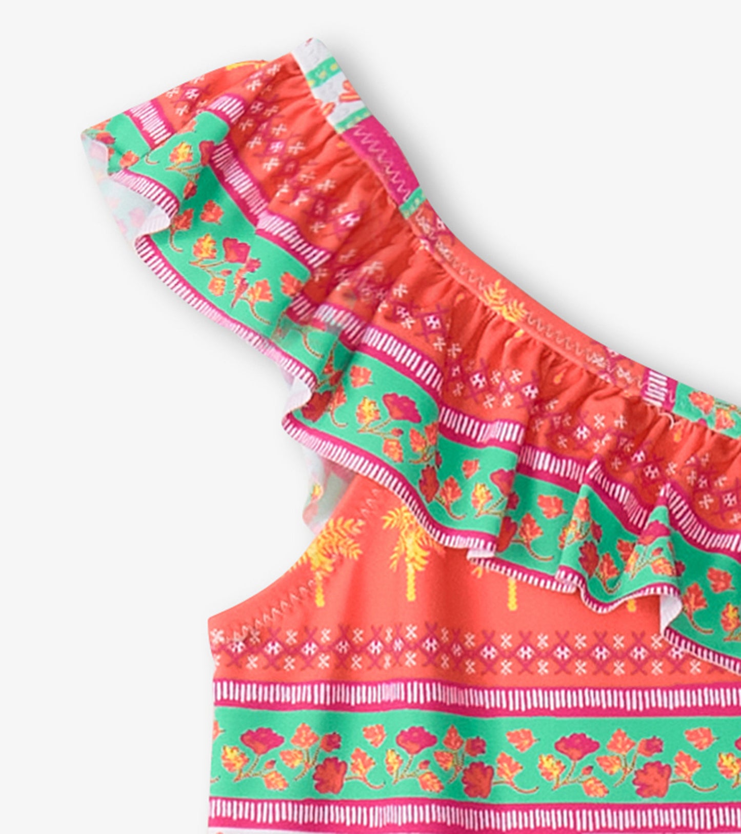 Girls Ornate Tropicals Ruffle Trim Swimsuit