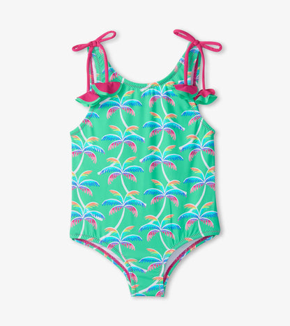 Girls Rainbow Palm Shoulder Shoulder Bow Swimsuit