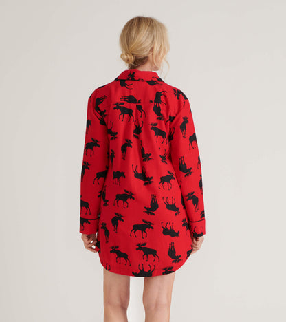 Women's Moose On Red Flannel Nightgown