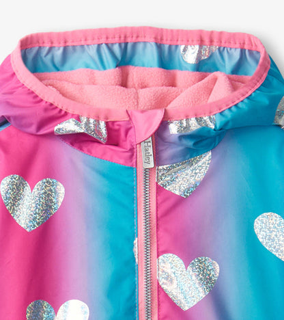 Girls Fun Hearts Zip-Up Lightweight Rain Jacket