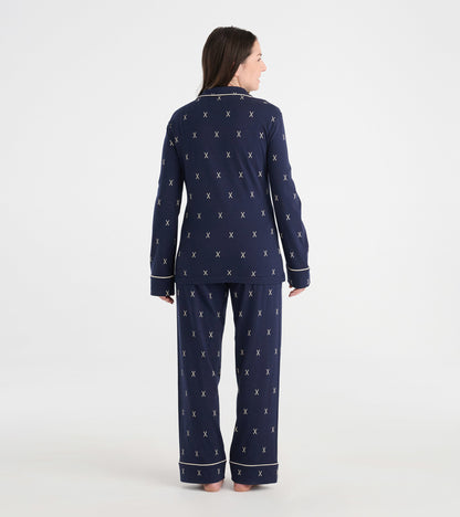 Women's Navy Ski Button Down Jersey Pajama Set