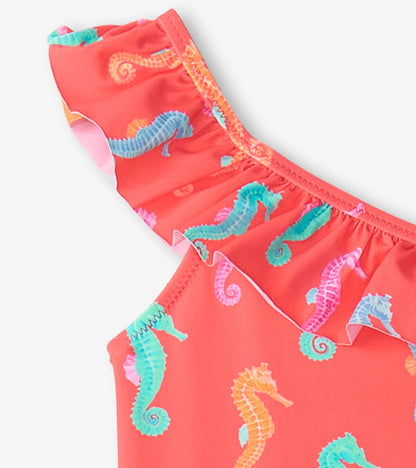 Girls Painted Sea Horses Ruffle Trim Swimsuit