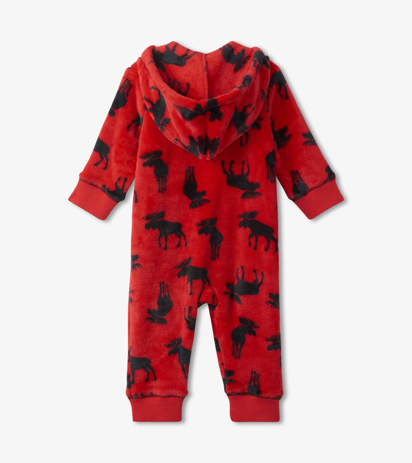 Baby Moose on Red Hooded Fleece Jumpsuit