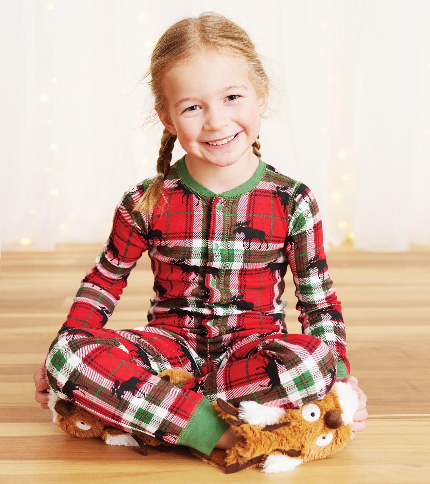 Holiday Moose on Plaid Kids Union Suit