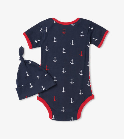 Nautical Anchors Baby Bodysuit With Hat