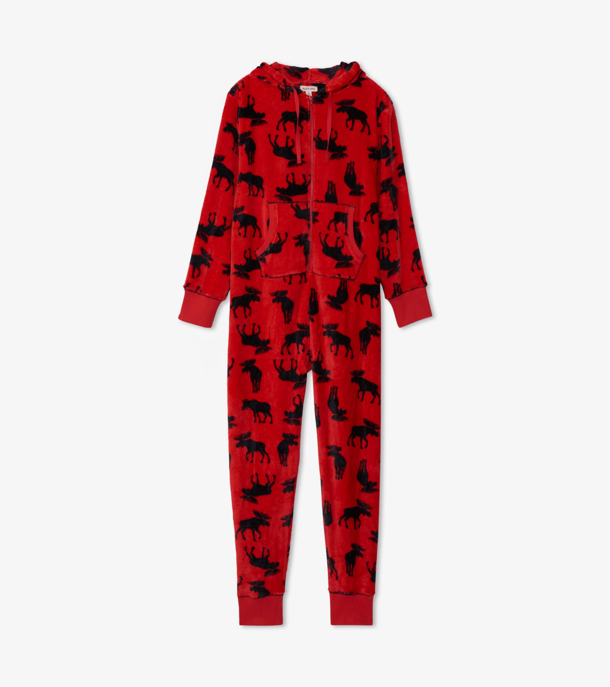 Adult Moose on Red Hooded Fleece Jumpsuit