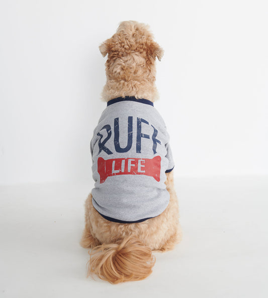Gray dog tee with navy trim featuring "RUFF LIFE" text and a red bone graphic, shown on a seated dog.