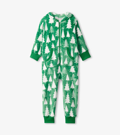 Kids Christmas Trees Hooded Fleece Jumpsuit