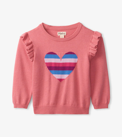 Striped Heart Ruffle Sleeve Sweater