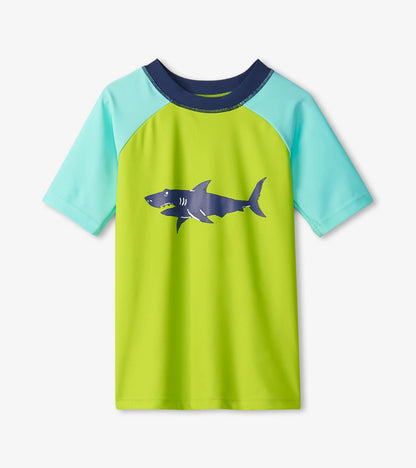 Boys Lime Green Shark Short Sleeve Rashguard