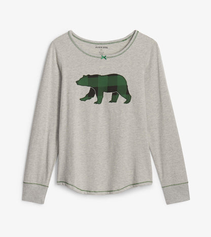 Forest Green Plaid Bear Women's Stretch Jersey Top