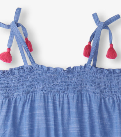 Girls Chambray Smocked Jumpsuit