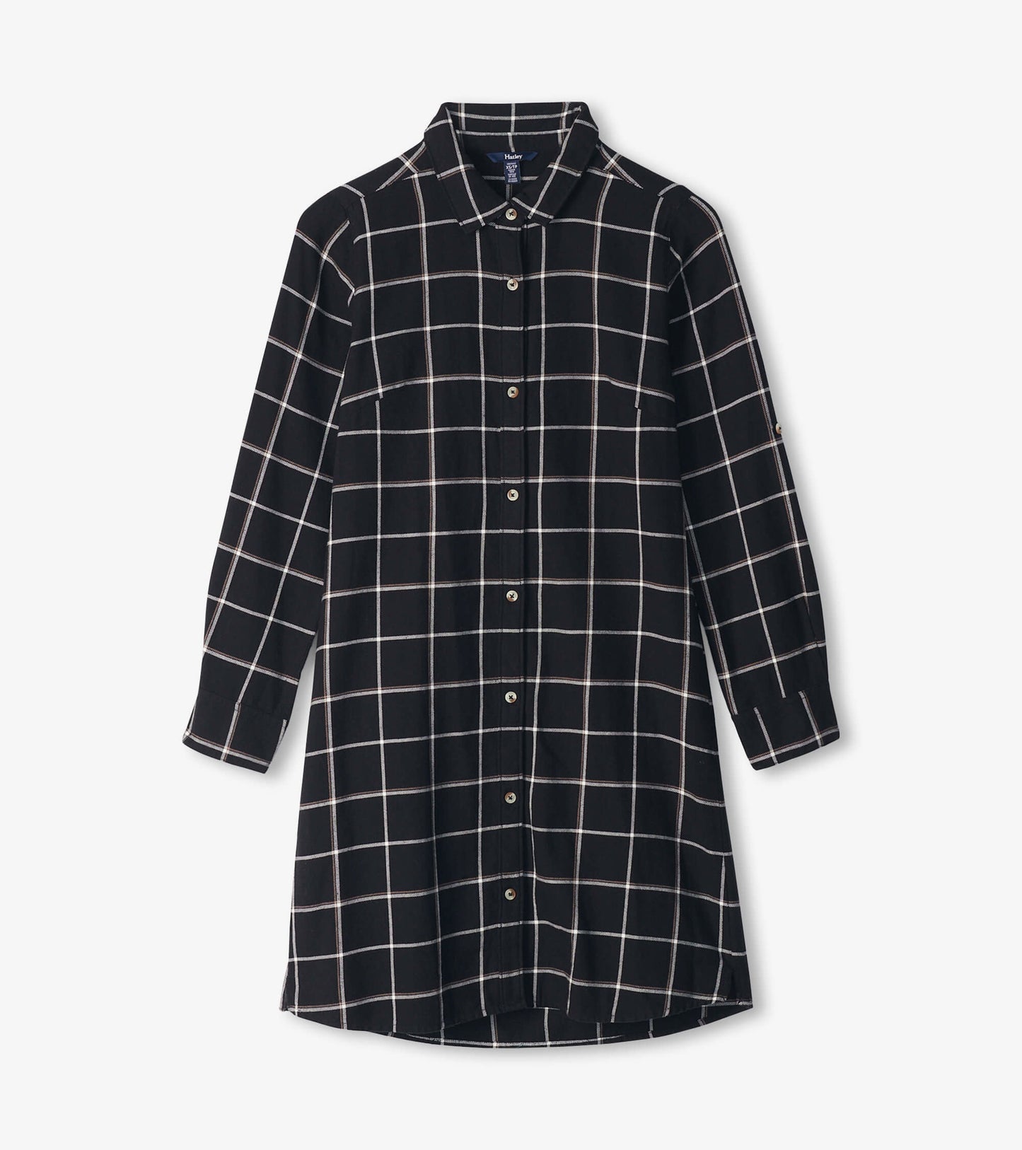 Black shirt dress featuring a windowpane pattern, long sleeves, and a button-down front.