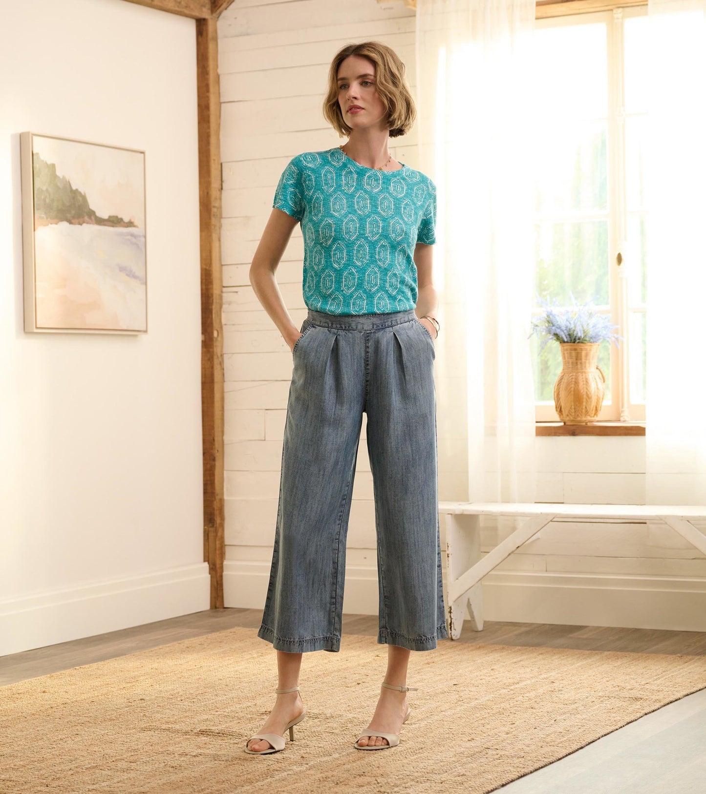 Cropped Wide Leg Pants - Blue Acid Rinse