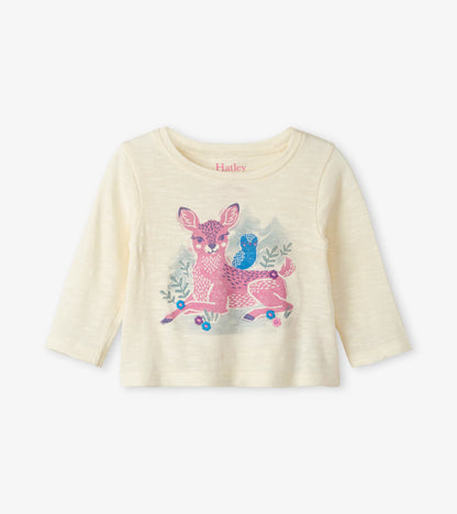Cream long sleeve baby tee featuring a pink fawn and blue bird graphic with floral accents.